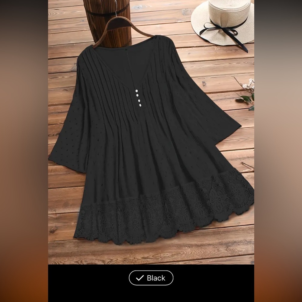 - Plus size hallowed out button v neck 3/4 sleeve ruffle hem blouse size 24(6xl)